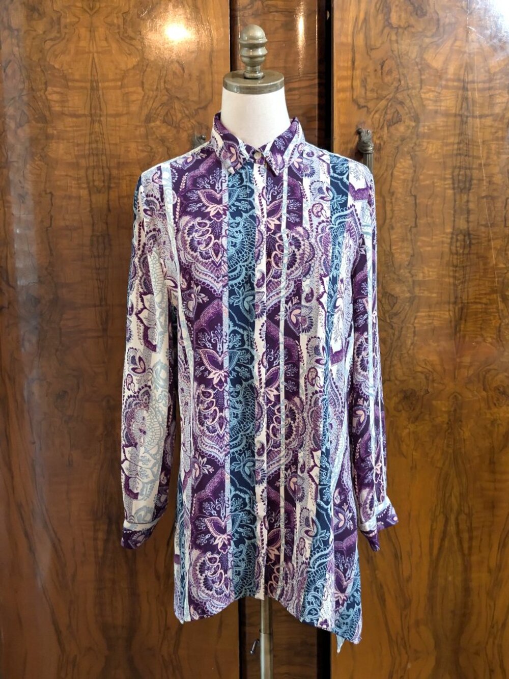 Chico's Paisley Tunic Blouse M 1 Purple Blue Vertical Stripe Long Sleeve Boho